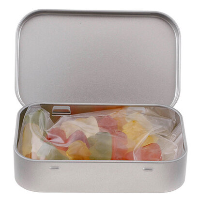 Blikje 95 x 60 x 21 mm. met ca. 60 gr. Haribo gummibeertjes sample